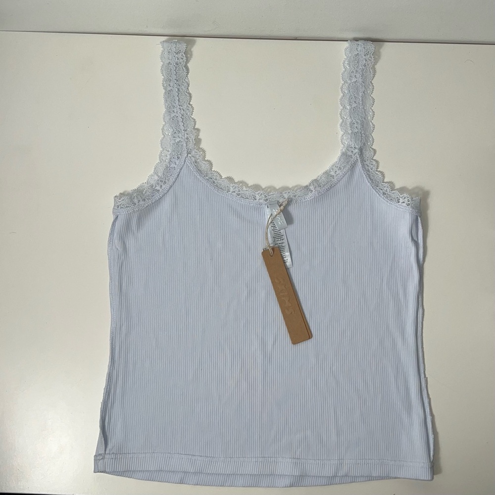 Skims Soft Lounge Lace Trim Ribbed Camisole Cami Shirt in Mineral Blue - Picture 10 of 13